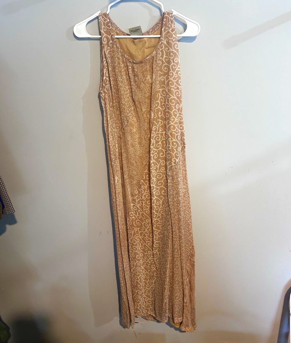 Saji Women Beige/White Floral Scoop Neck Chiffon Maxi Dress Lined Layered L